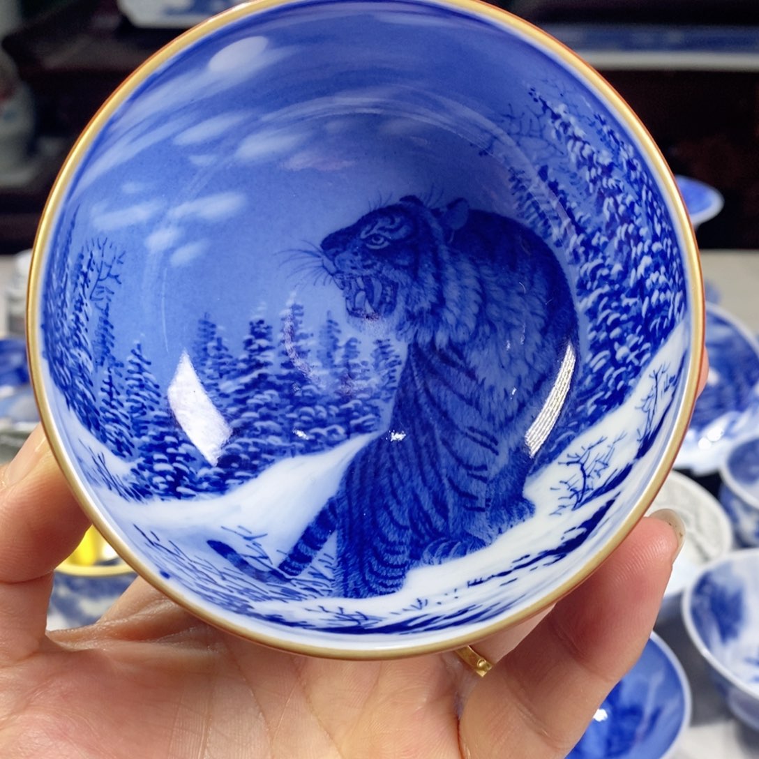 瓷片青花老虎主人杯杯