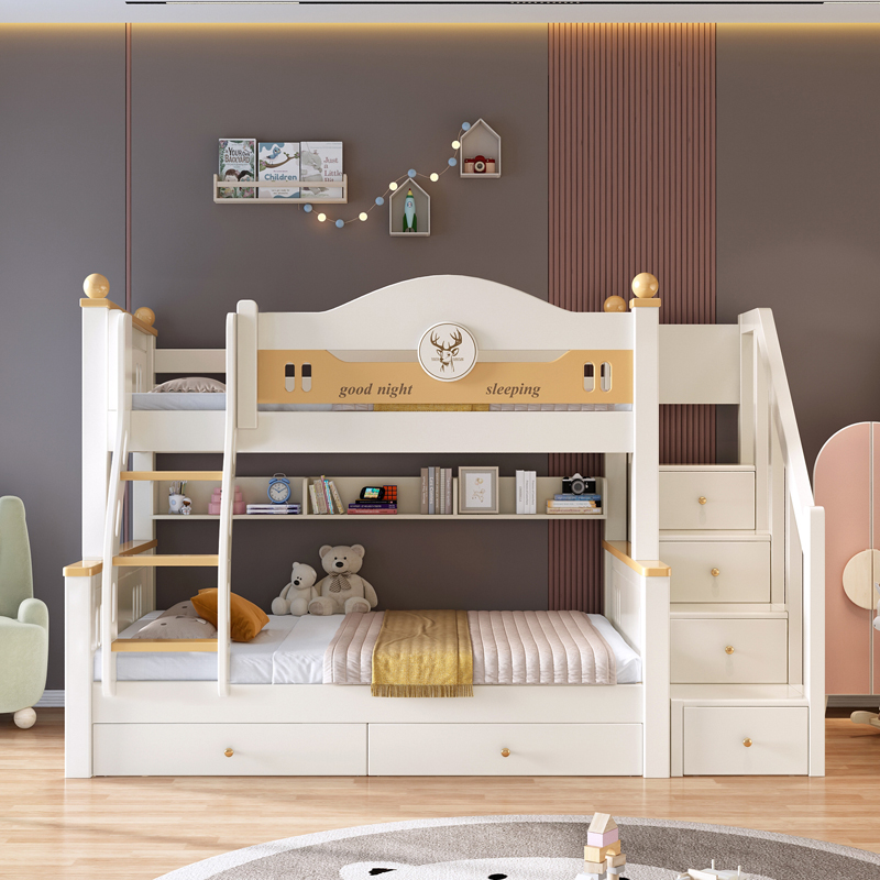 奶油上下铺双层床全实木高低床大人小户儿童多功能子母床