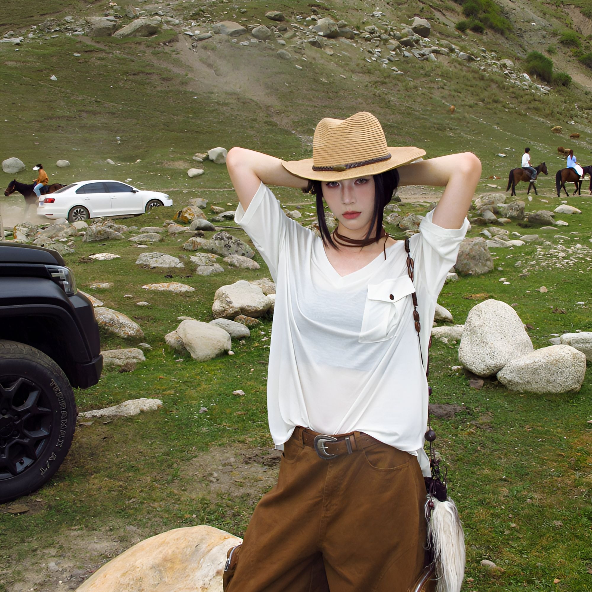 杨九七 V领纯色短袖透气T恤女夏季口袋时尚休闲慵懒宽松上衣 7934