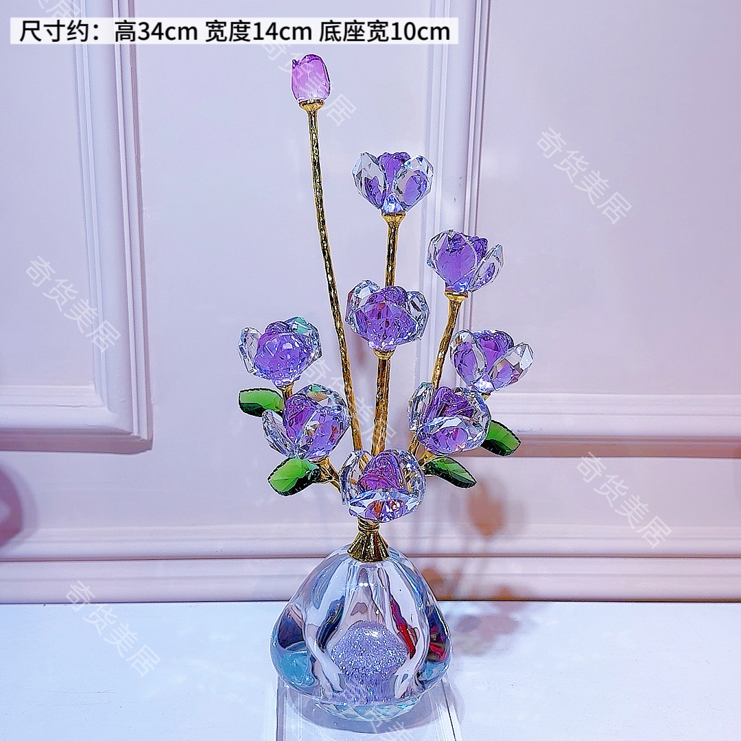 单只礼盒装-轻奢9朵紫色玫瑰金杆桌面摆件装饰流沙瓶紫玫瑰摆件