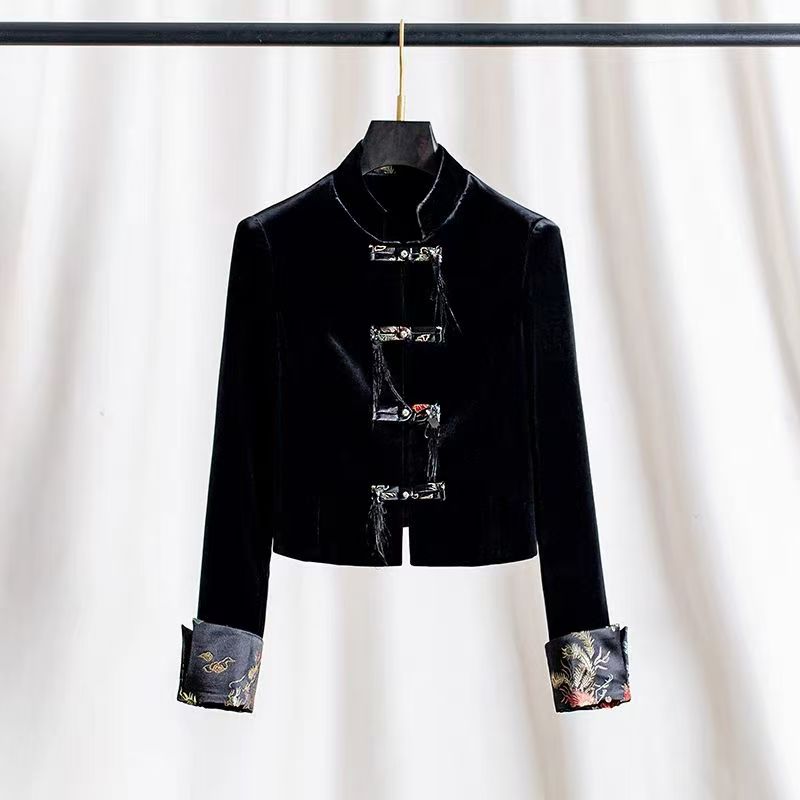 中式国风25立领盘扣蚕丝金丝绒外套春秋季短款时尚小香风拼接上衣