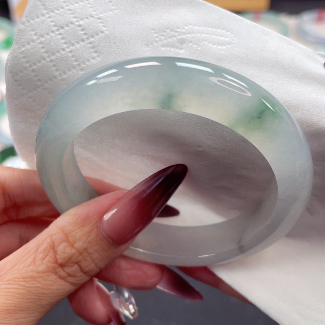 未镶嵌手镯翡翠7号55.8冰飘水墨绿花特色冰种镯新款