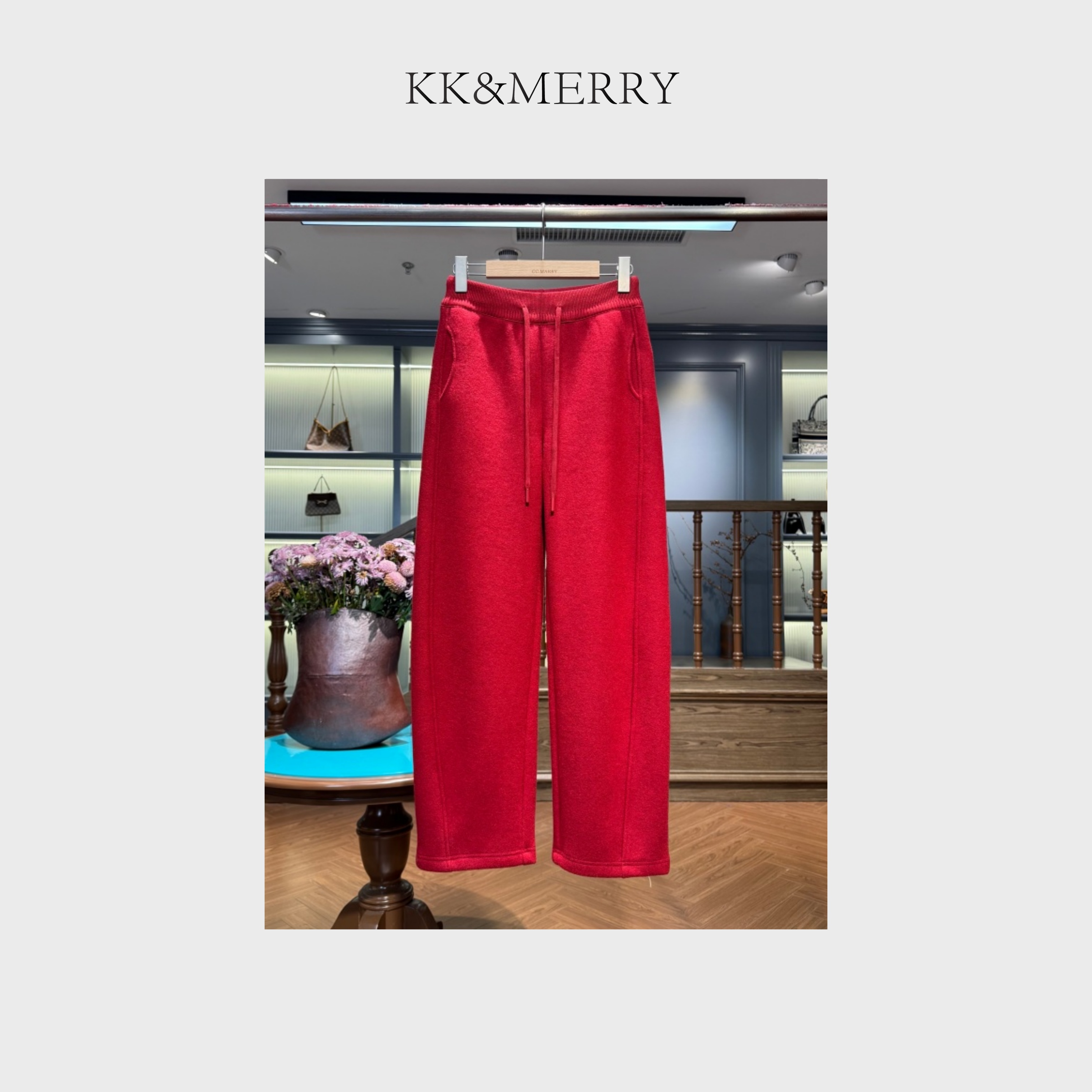 KK&MERRY百搭高腰时尚加绒加厚松紧腰抽绳弯刀休闲裤KDBC0587