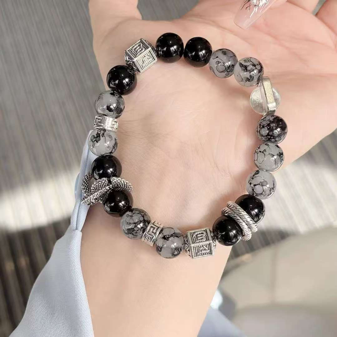 钛钢玻璃手链 龙脊玄武曜夜手串盘龙百搭琉璃珠黑色男女通用复古