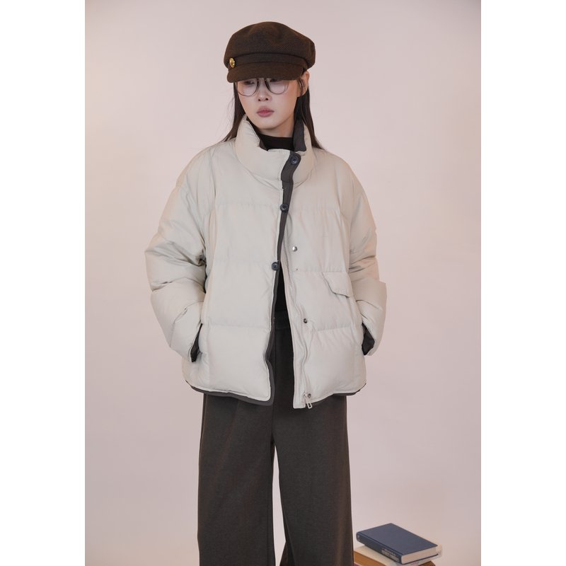 百武西“踏雪系列”文艺简约撞色加厚保暖立领羽绒服9152
