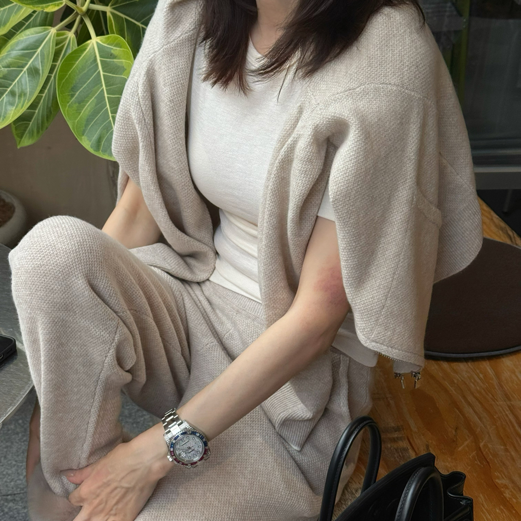 Almonds.浅米灰色宽松慵懒风针织开衫女春季薄款显瘦毛衣长裤套装