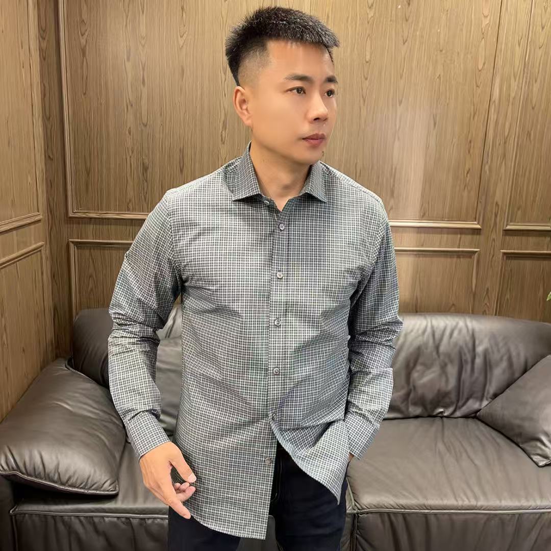 25四季款灰绿格男士商务休闲英伦风格子翻领长袖衬衫高端