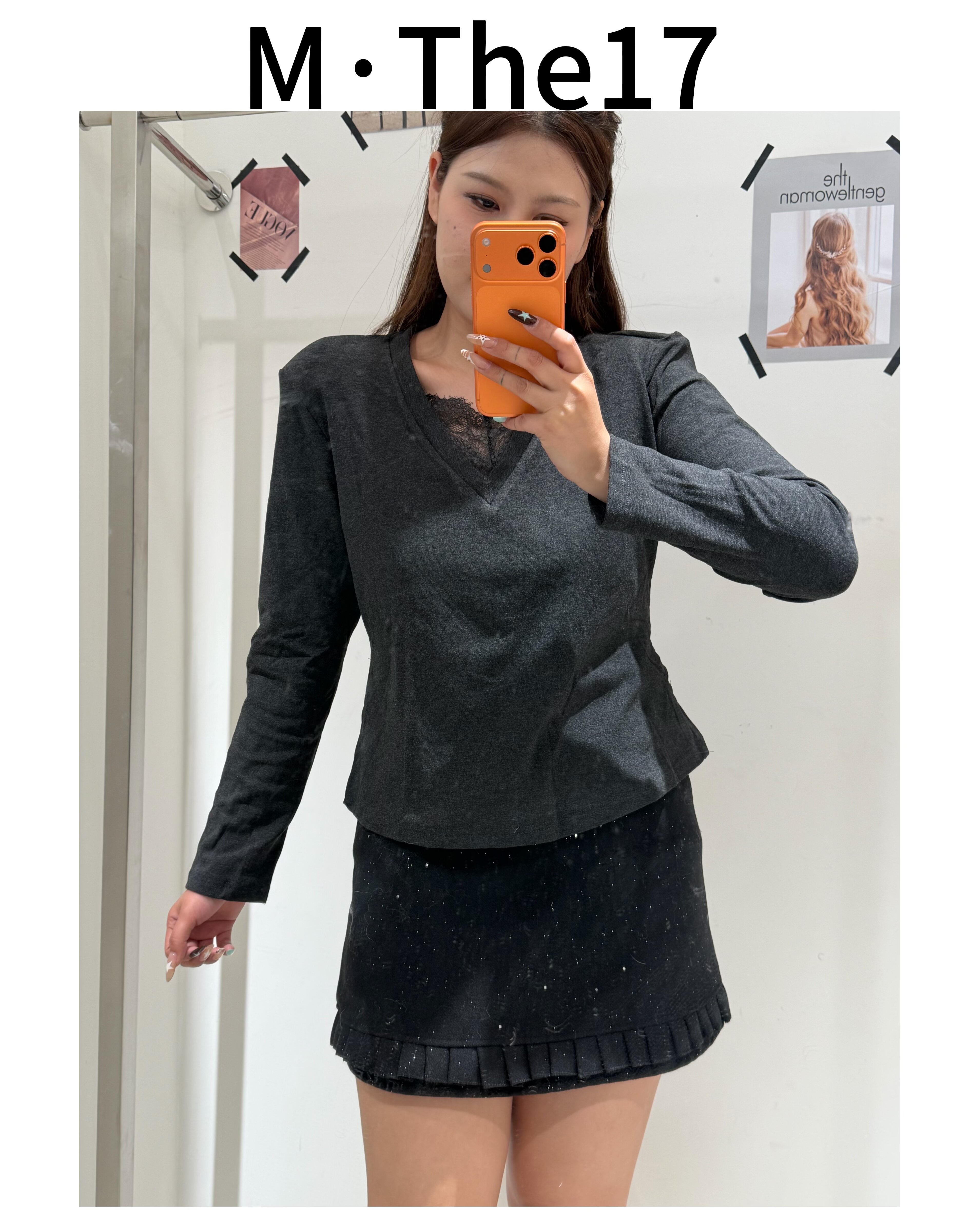 M.The17 大码小个子长袖常规V领蕾丝休闲百搭显瘦加厚女打底05