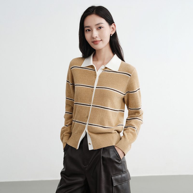 EP雅莹2025早秋新品 通勤含桑蚕丝丝绒POLO领廓形针织外套9163A