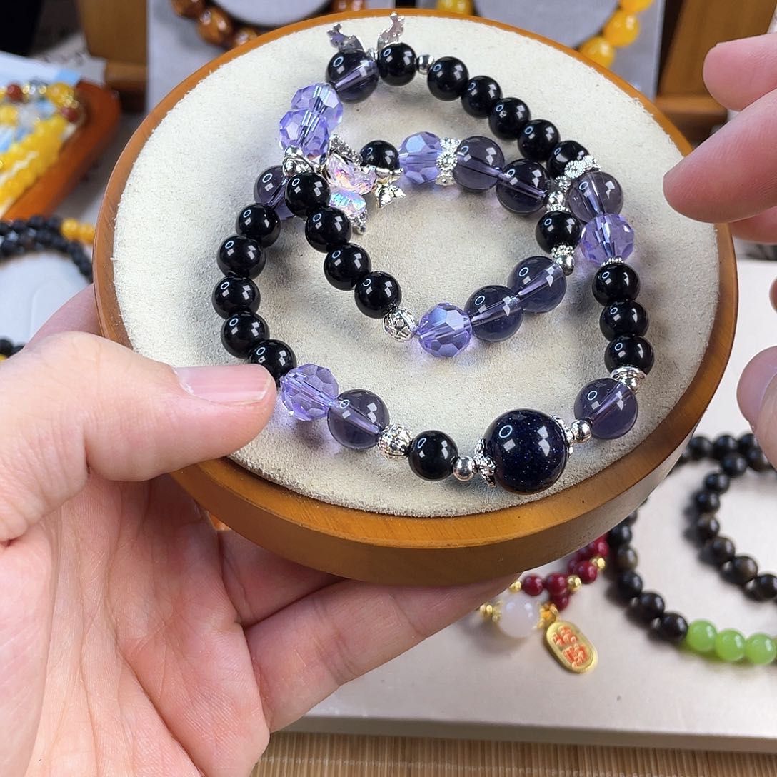 黑曜岩手饰银S925镀金镶嵌