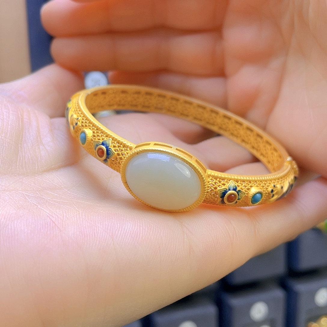 和田玉手镯银S925镀金镶嵌