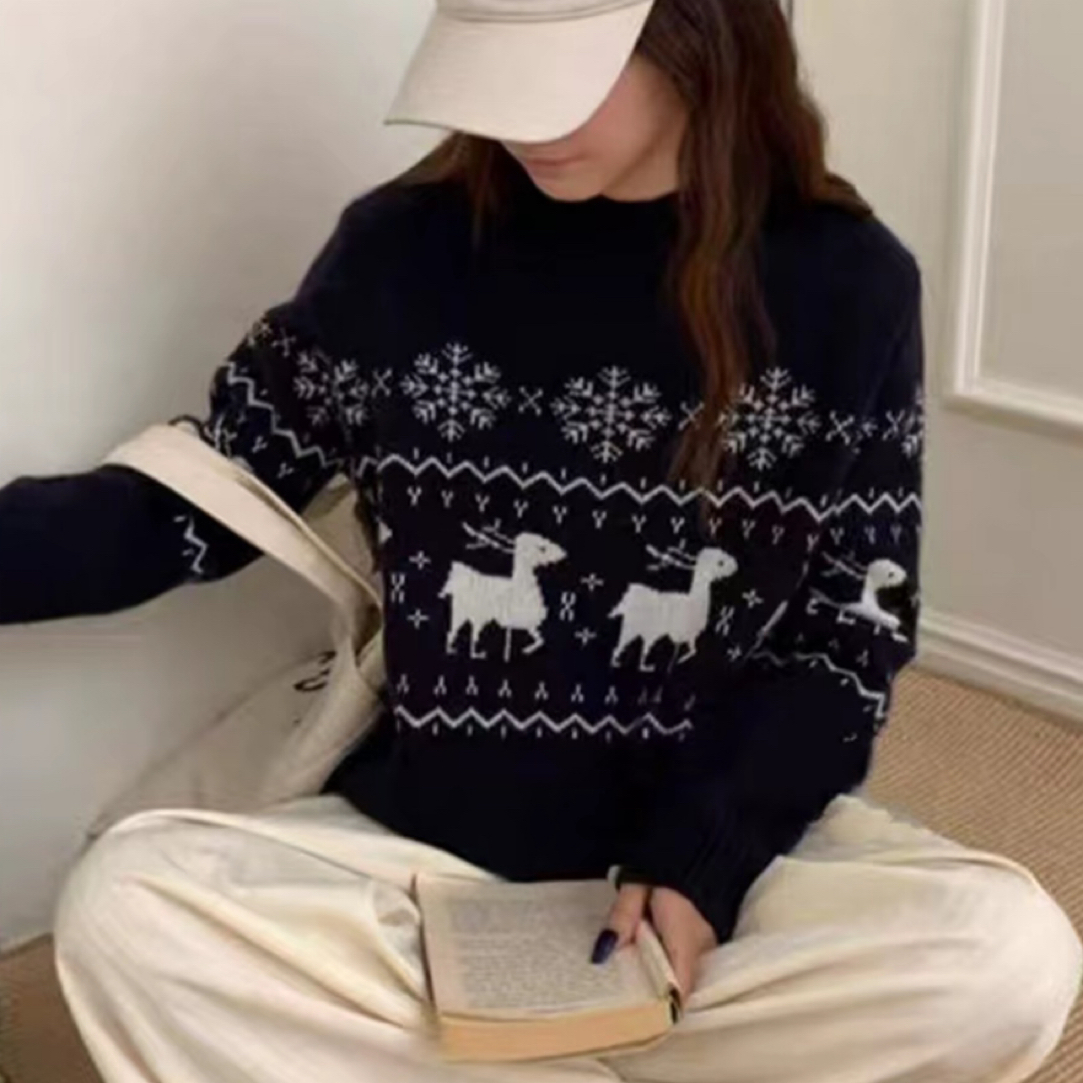 （衣长59）278秋冬新款圆领圣诞红色套头毛衣长袖宽松慵懒风