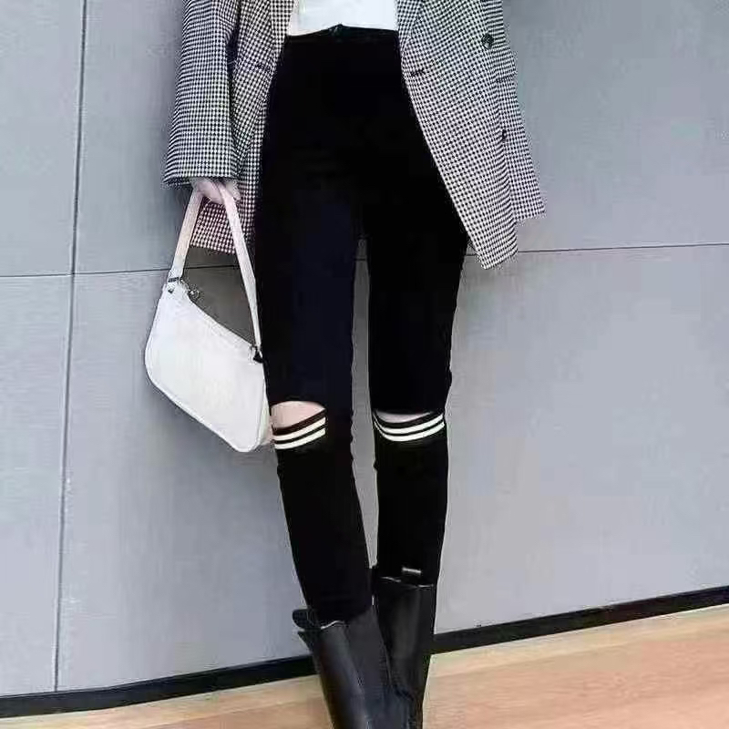 （不退换）秋冬时尚笑脸裤显瘦外穿黑色条纹修身百搭小脚打底裤韩版