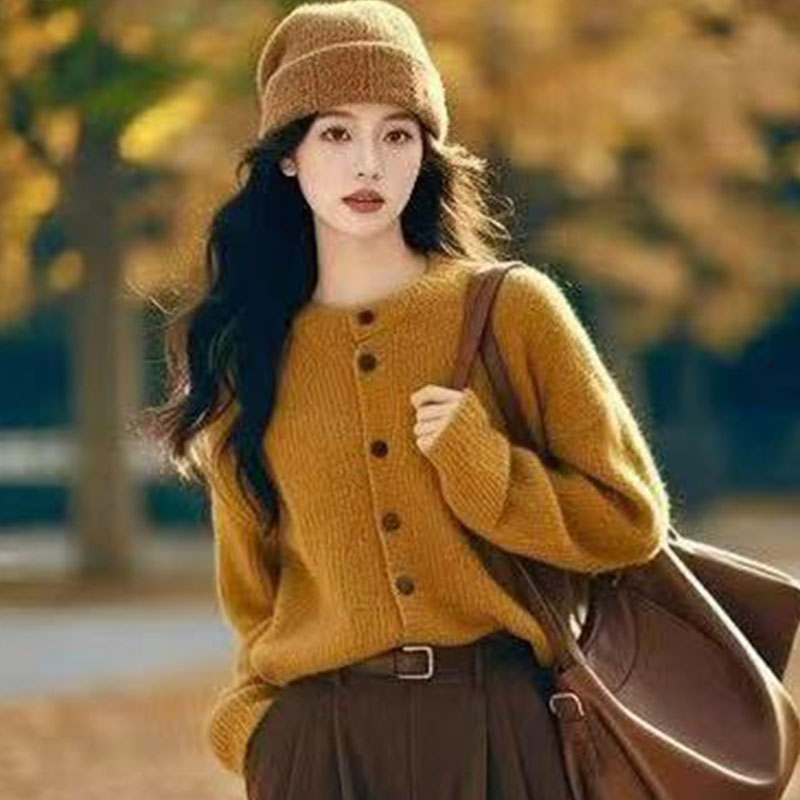 复古港风美拉德针织开衫女秋冬新款宽松显瘦慵懒风毛衣外套上衣