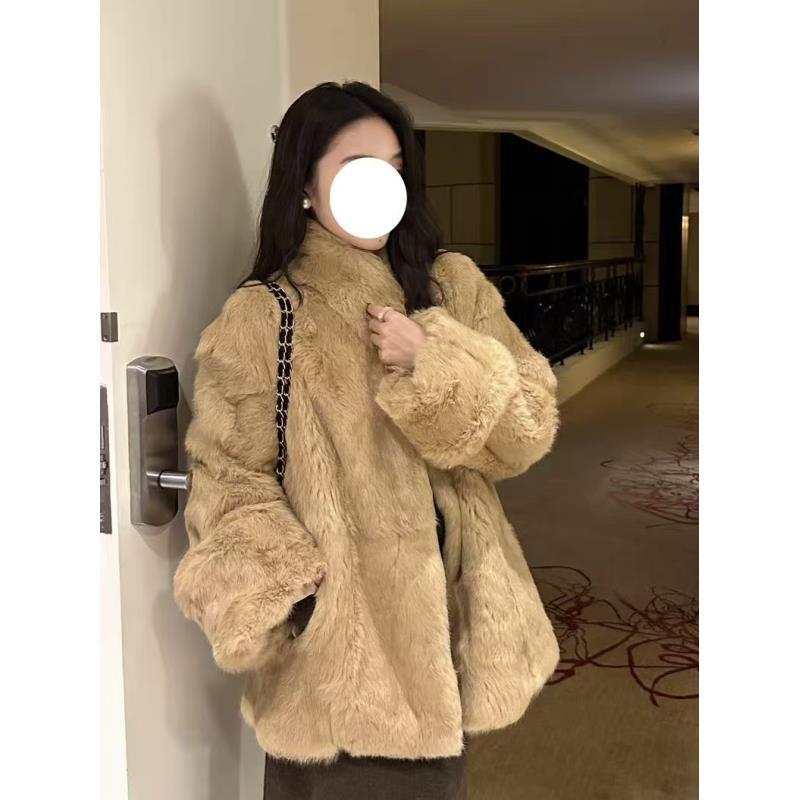 25冬季皮毛一体安哥拉长毛草原兔外套冬季立领加厚短外女套XJ021