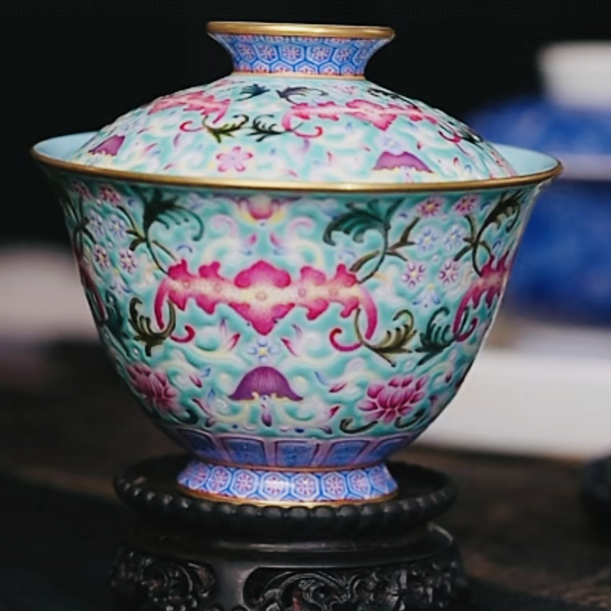 【黄老邪真选】溢珍堂｜松石绿缠枝蝙蝠元宝形盖碗茶具喝茶