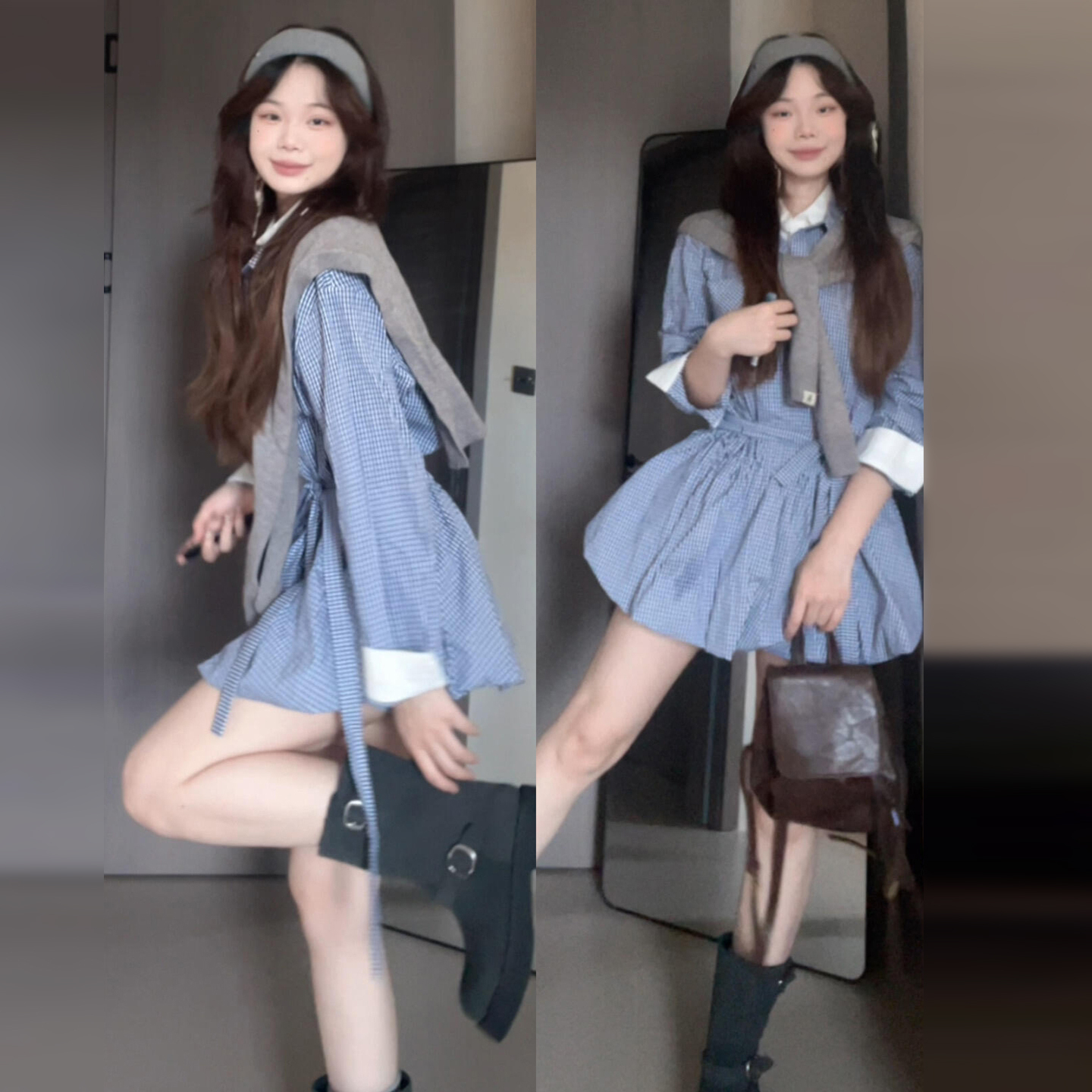 【现货+5米运补】蓝色长袖连衣裙子两件套流行巨好看的套装裙女7022