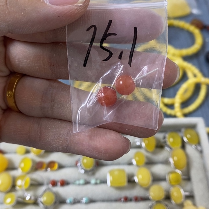 蜜蜡裸石银S925镶嵌耳钉