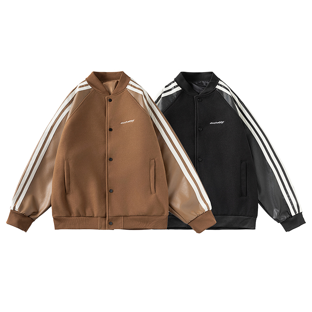 秋季复古立领螺纹下摆拼接棒球服