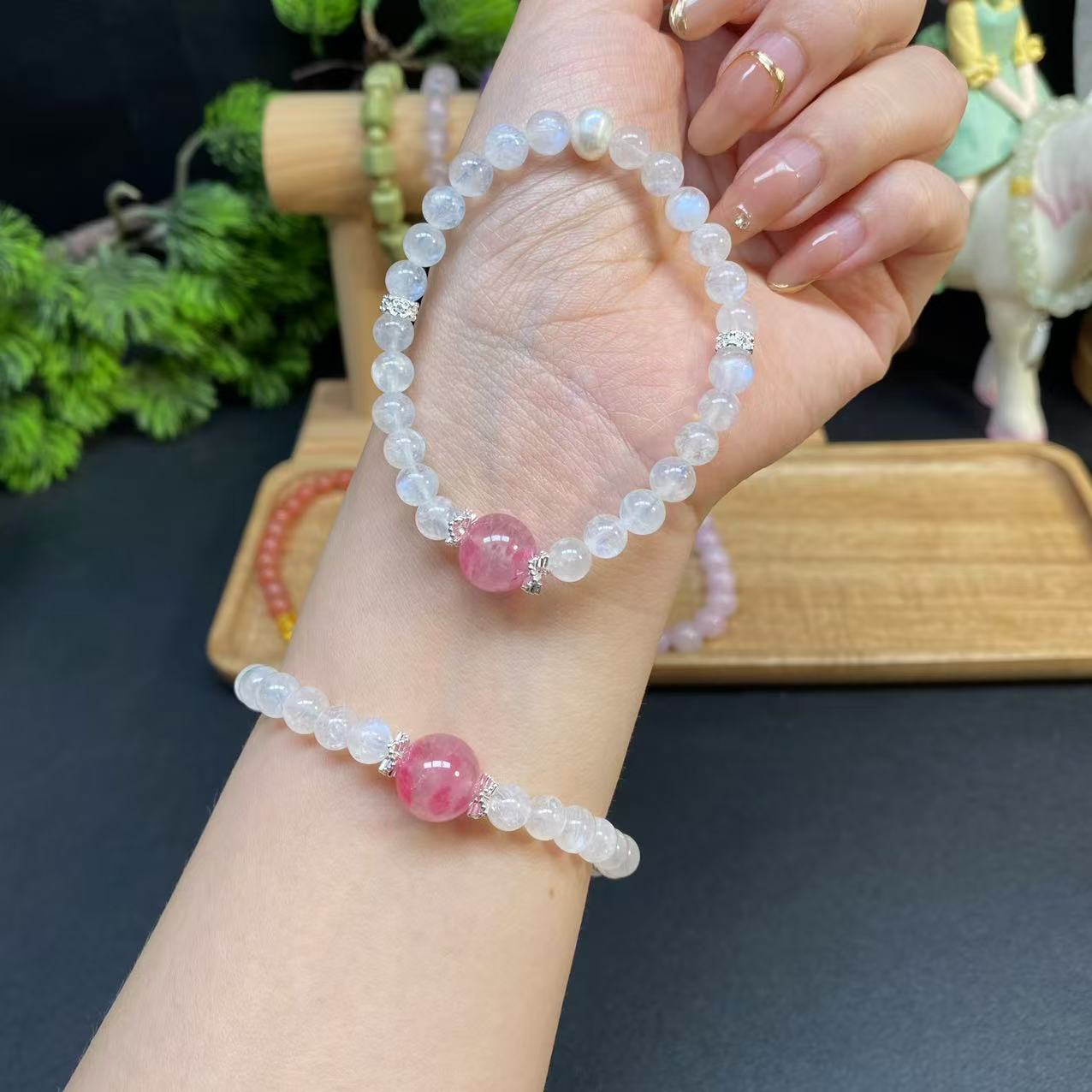 【蓝月光6m手串】A854搭配蔷薇石淡水珍珠白色百搭女士