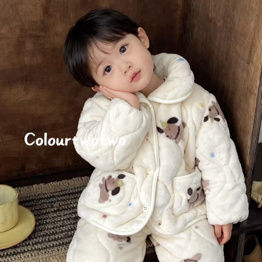 【三层夹棉省服】1000g高克重加绒儿童立领套装加绒加厚保暖家居服