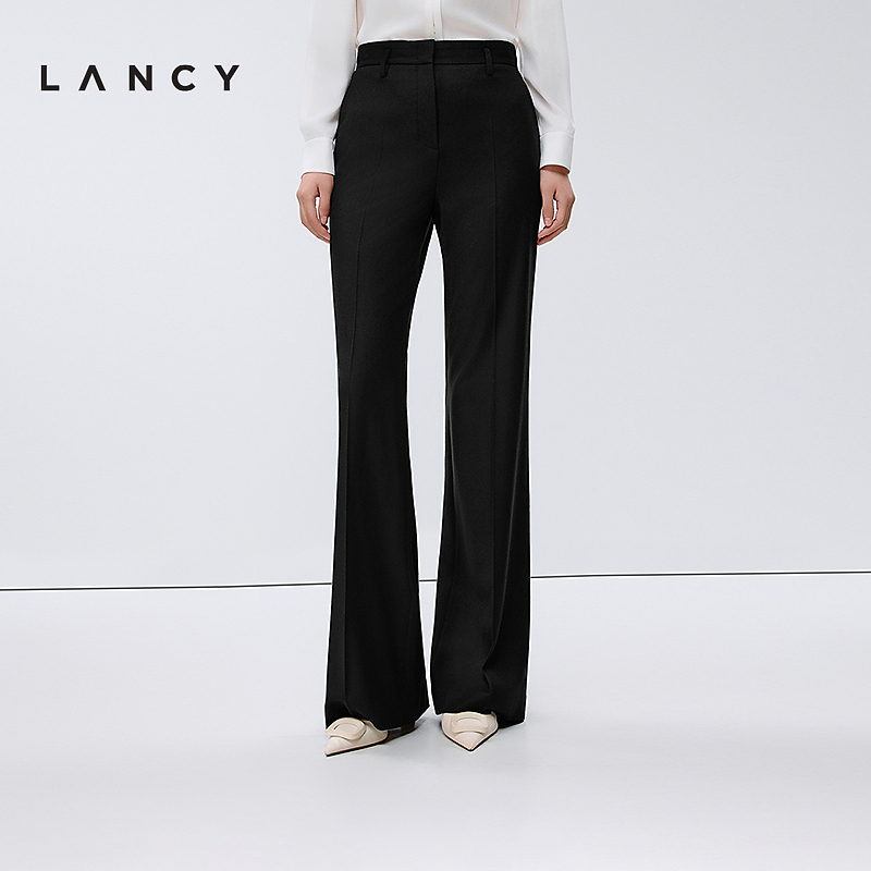 LANCY/朗姿2025年春新款高级气质羊毛直筒裤女黑色高腰休闲西装裤