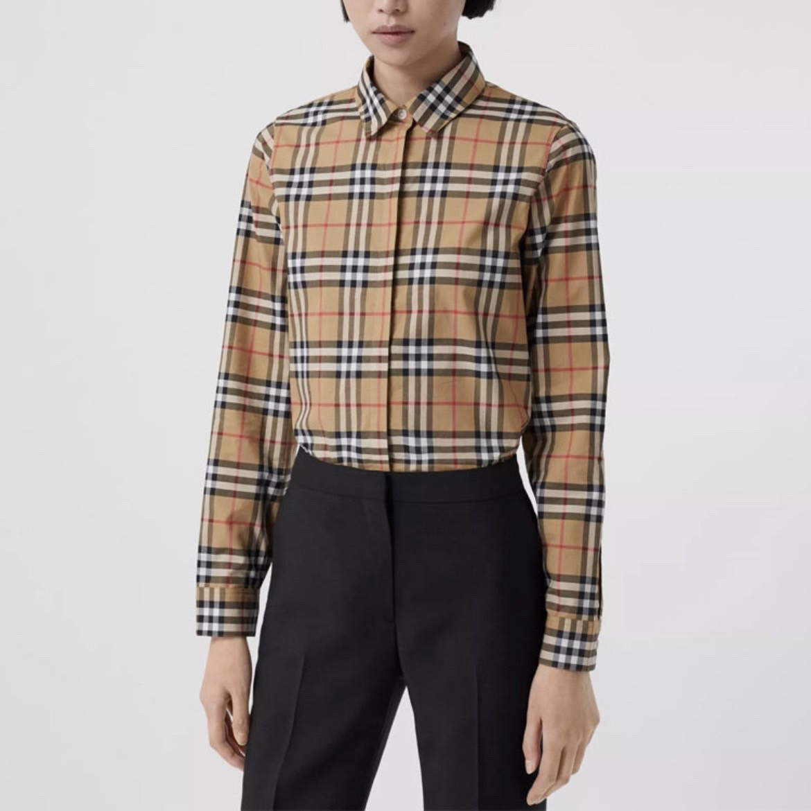 95新 BURBERRY/博柏利 8672/Burberry 卡其色格子长袖衬衫/36码/