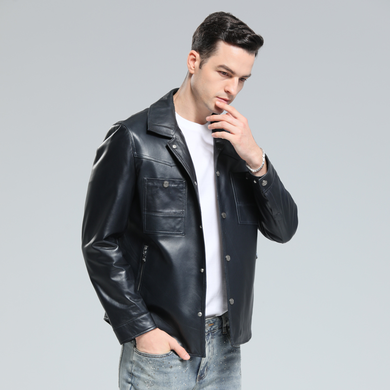 【超级福利】真皮衬衣8833重工设计款撞色浅工厂直销男士皮衬衣风衣