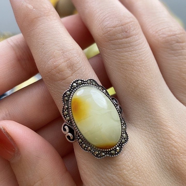 琥珀戒指银S925镶嵌戒指