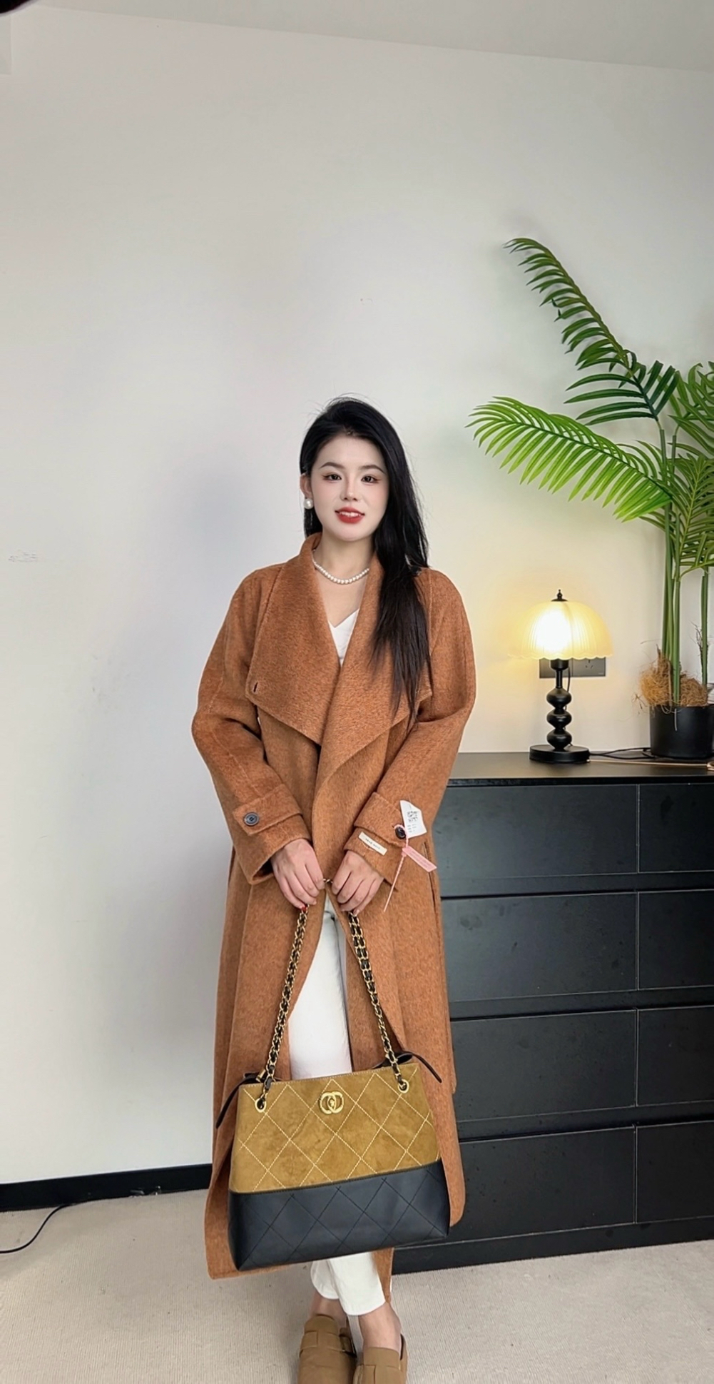 【】2025新款翻领长款秋冬长袖纯色百搭毛呢大衣25003