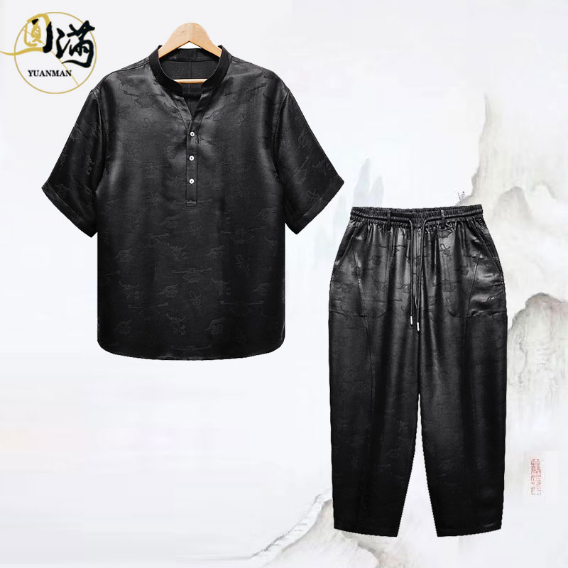 [万事亨通]圆满香云纱桑蚕丝重缎提花立领V领短袖弯刀九分裤套装