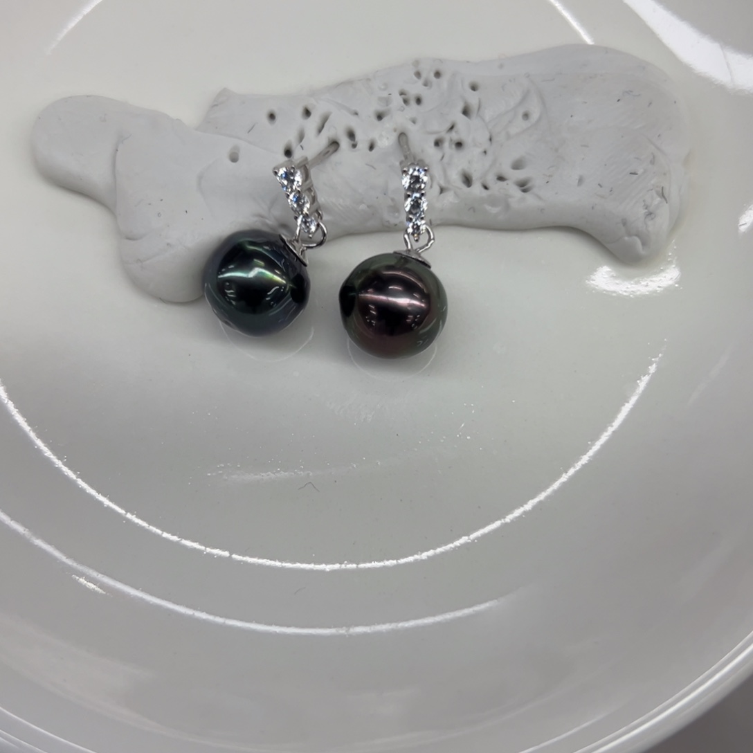 银S925镶嵌耳饰海水珍珠10-11mm大溪地耳坠