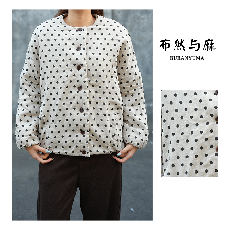 BRCP/布然初品冬季女款亚麻棉服波点落肩袖外套棉衣圆领宽松163