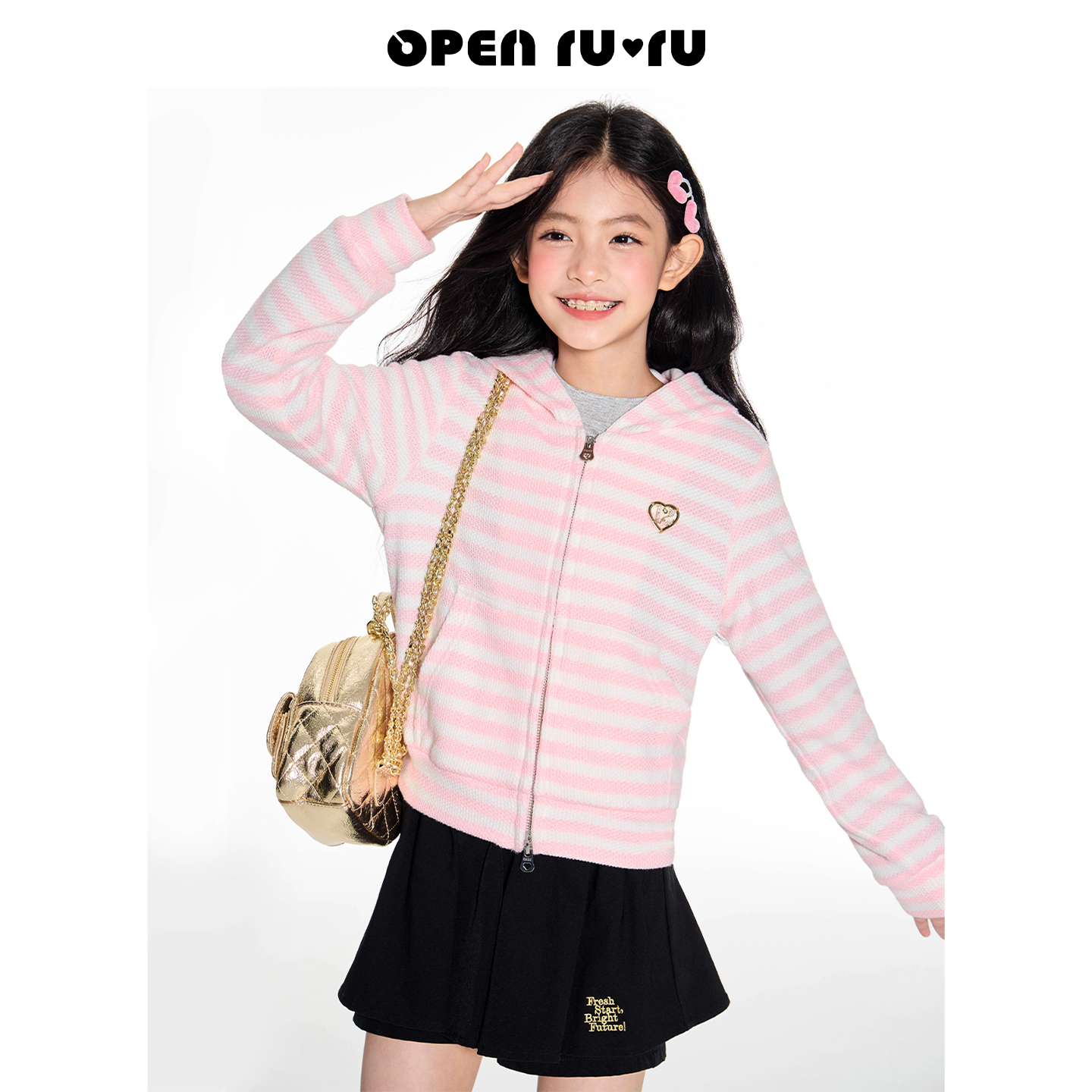Opennunu女童学院风条纹休闲上衣秋季中大童小标设计感短款外套