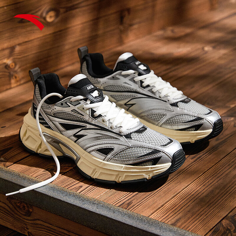 安踏苍鹭丨复古银色休闲鞋2025春季新款男女厚底老爹鞋112518895