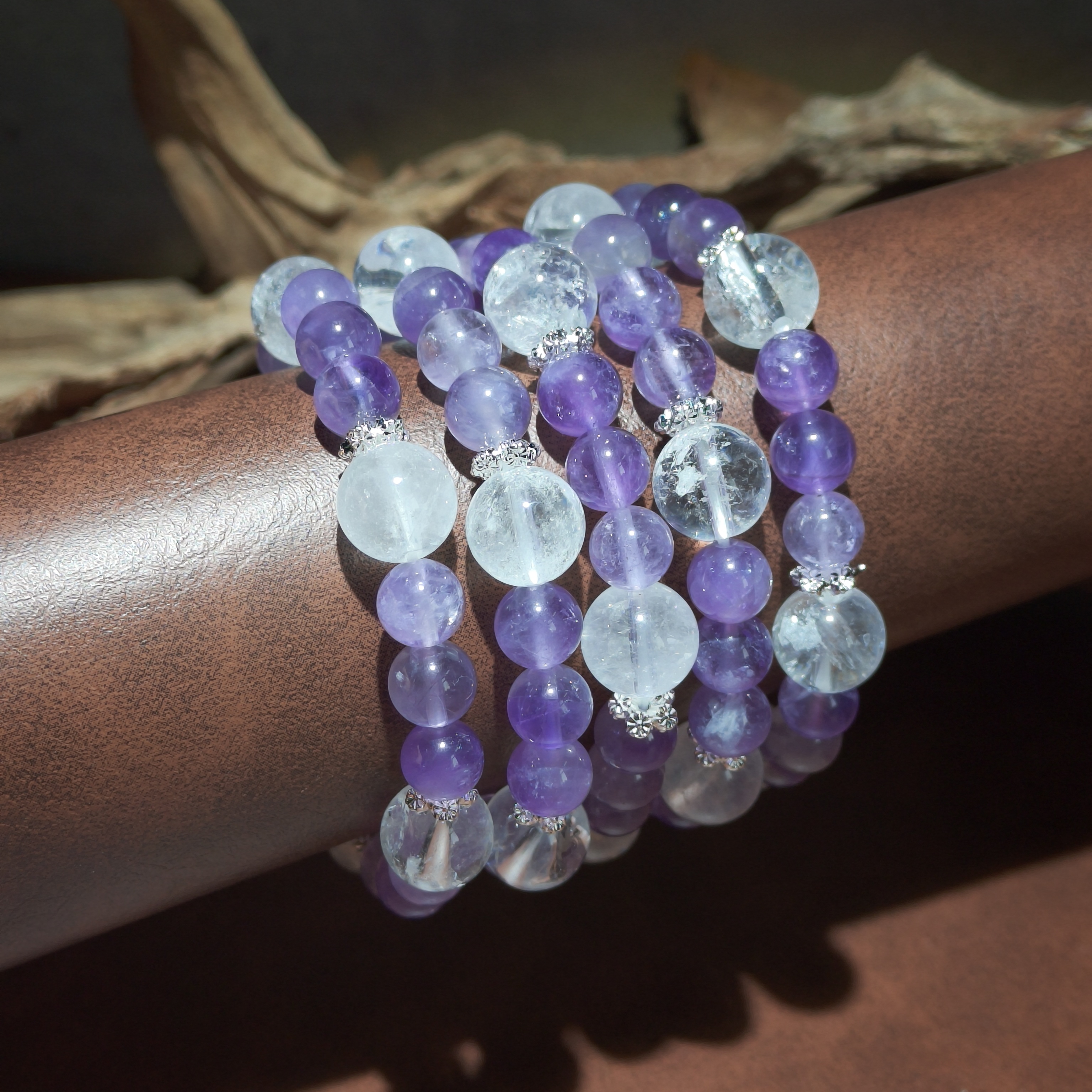 【黑胖珠宝】H0392 天然紫水晶白水晶diy五福手链  多样性发其一