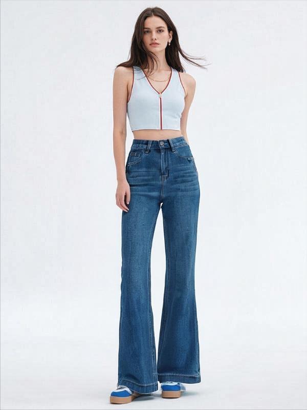 四面弹加绒加厚深海蓝直筒牛仔微喇裤女高腰显瘦宽松不贴腿喇叭裤