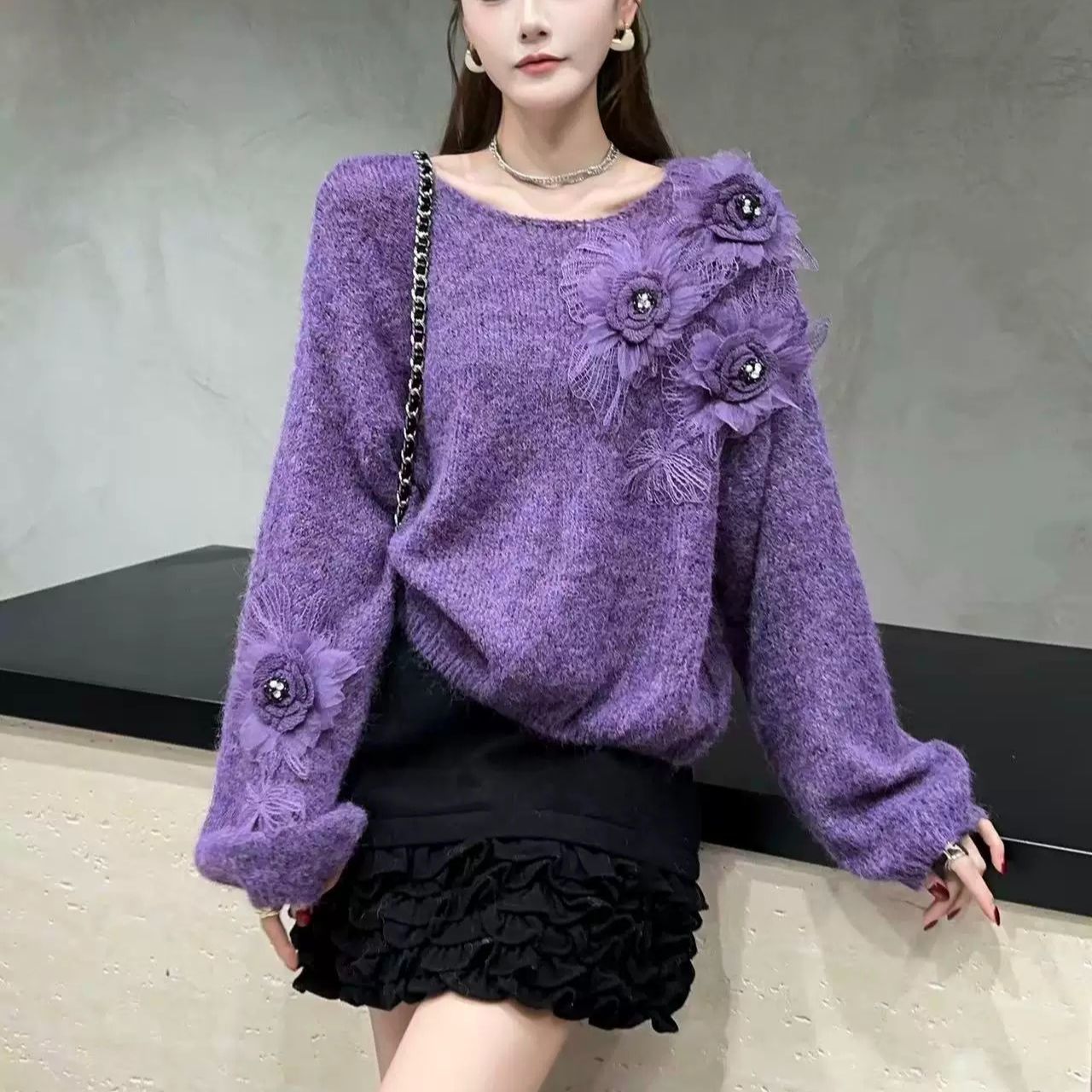 法式立体花朵小众毛衣女款爆款2025秋冬新款洋气减龄时尚针织上衣