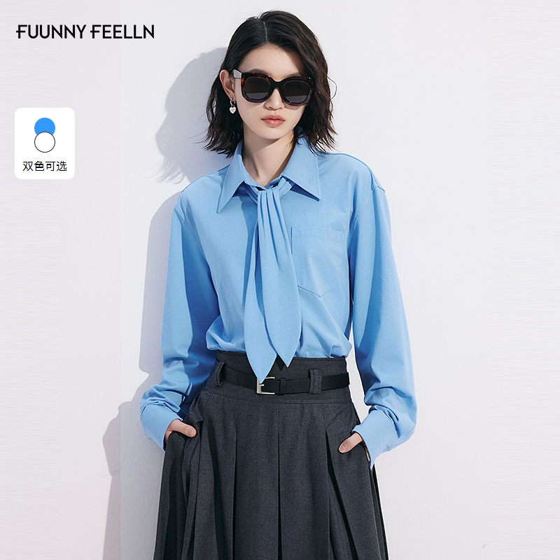 FF仿佛衬衫女2025秋冬新款飘带领棉质系带通勤修身衬衣长袖上衣