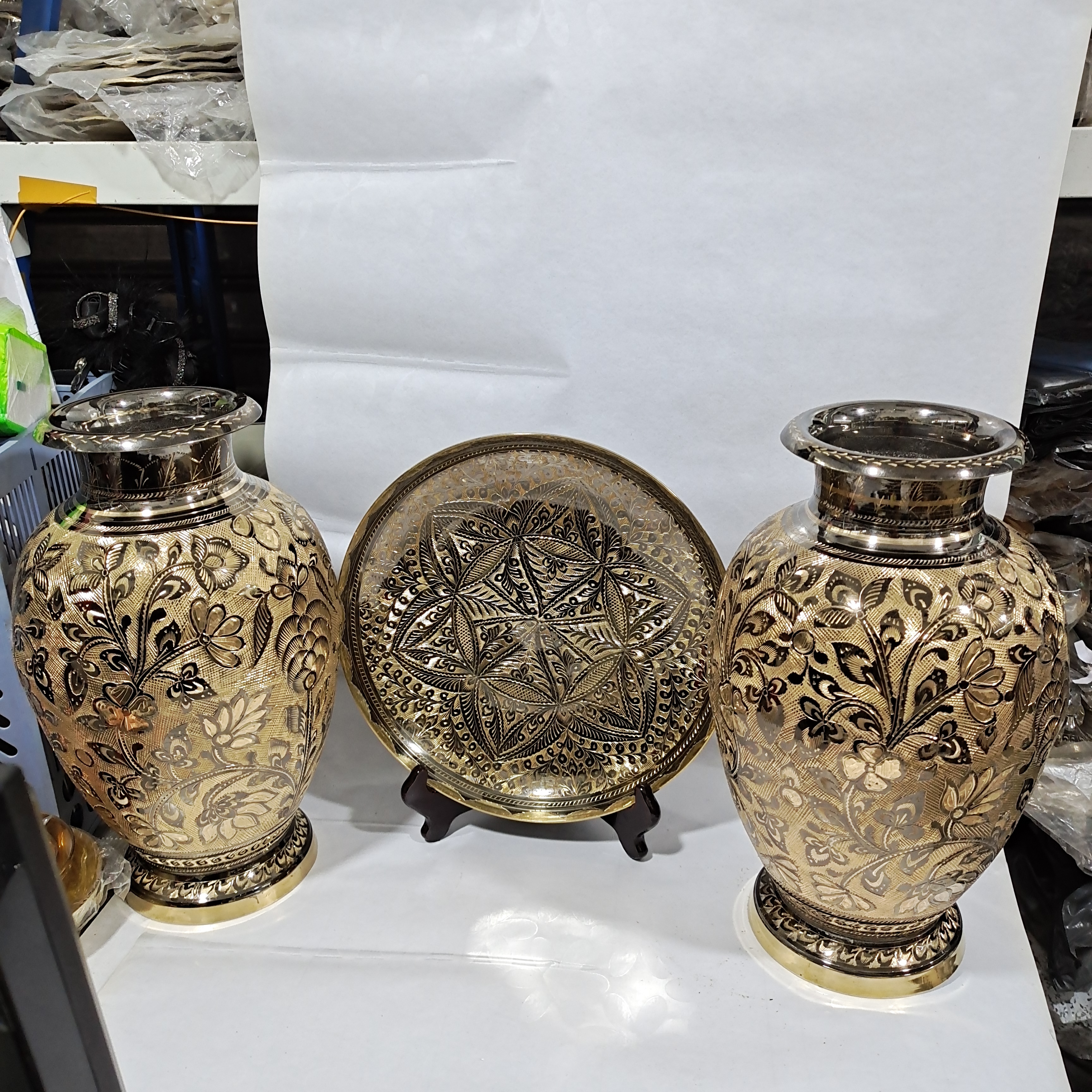 花瓶高36厘米盘30厘米巴基斯坦手工摆件高档花瓶三件套高档款