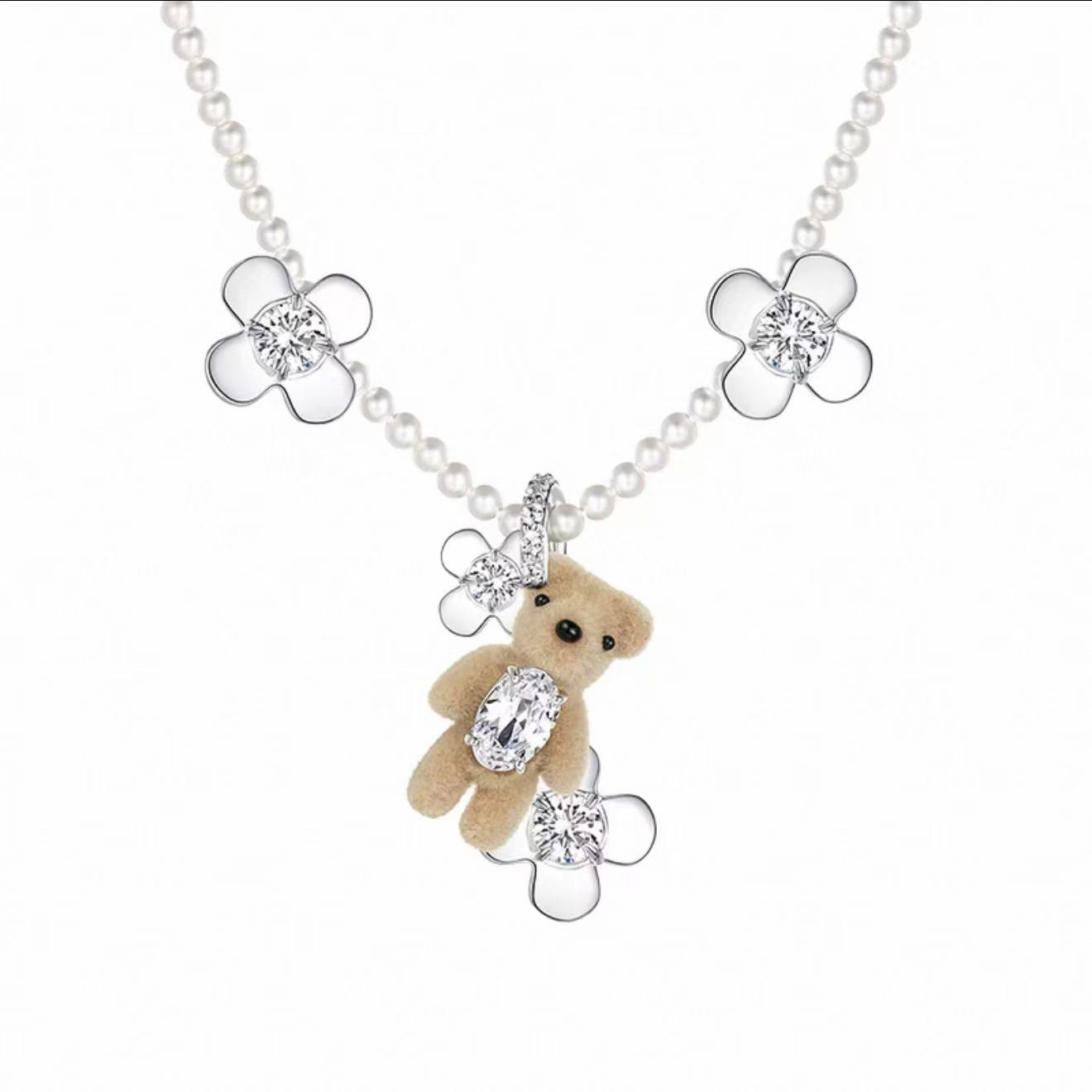 编号E170 植绒小熊花朵宝石项链