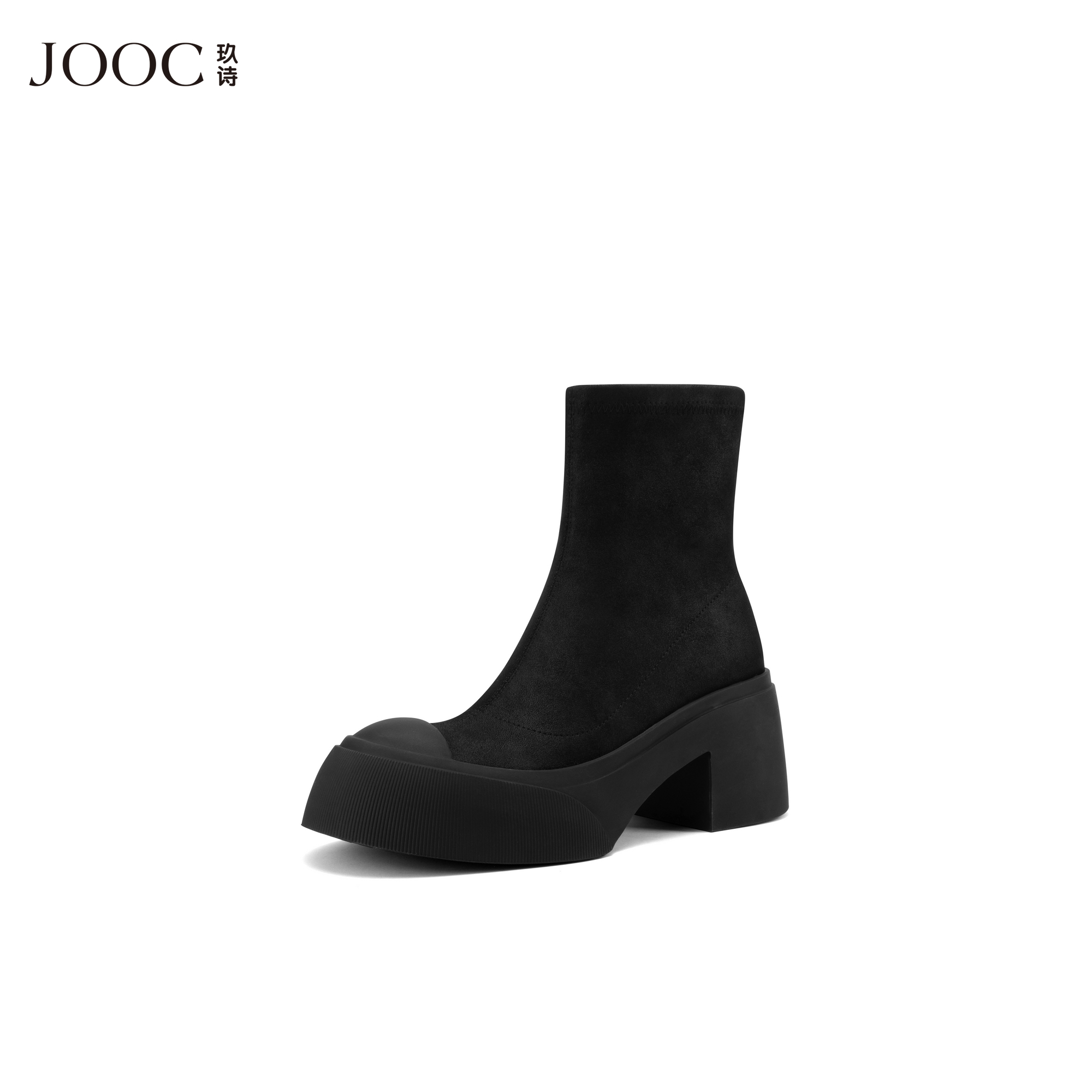 JOOC玖诗防水台羊纹弹力靴女2025秋冬新款粗跟增高百搭短筒瘦瘦靴
