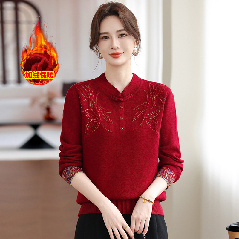 妈妈一体绒提花毛衣长袖加绒加厚打底针织衫上衣中年女气质小衫