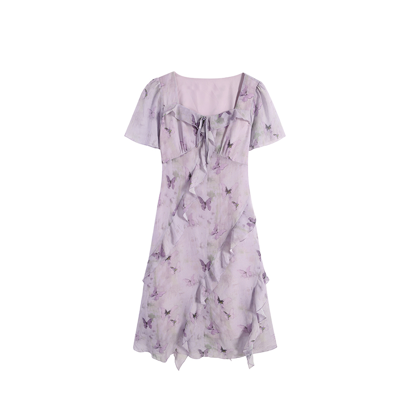 紫色气质修身轻奢时尚碎花显瘦连衣裙泡泡袖夏季裙子ZL108678