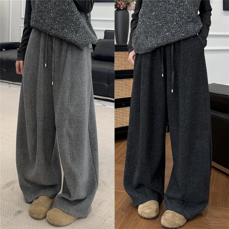 松紧腰弯刀呢子拖地裤女25冬季新款加绒毛呢韩版阔腿裤