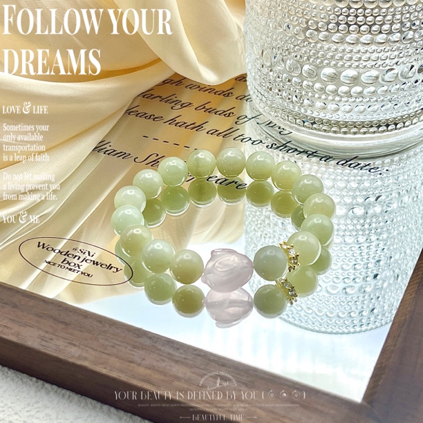 天然 卡10 冰晴和田玉 粉水趴趴兔 原创手串