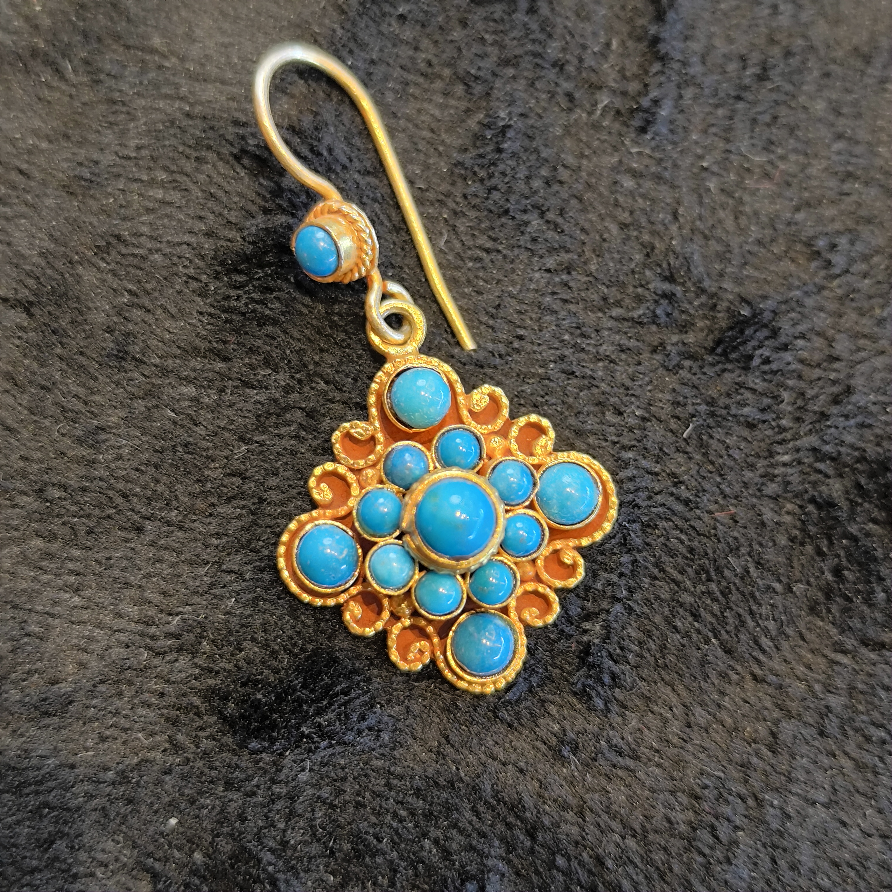 925银莫桑石耳饰 925银镀金如意形手工耳坠蓝色复古民族风