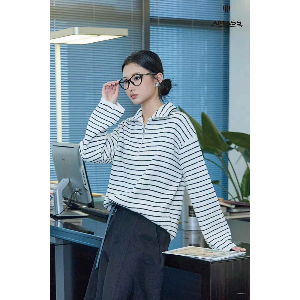AMASS/阿玛施秋冬新款高级法式宽松显瘦条纹半拉链毛针织衫538088