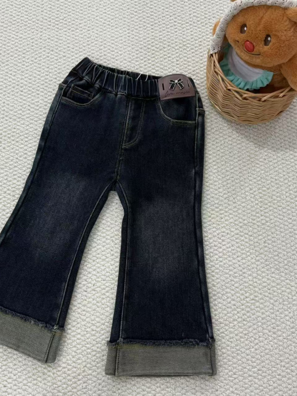 050冬款蓝色加绒弹力蝴蝶结喇叭裤