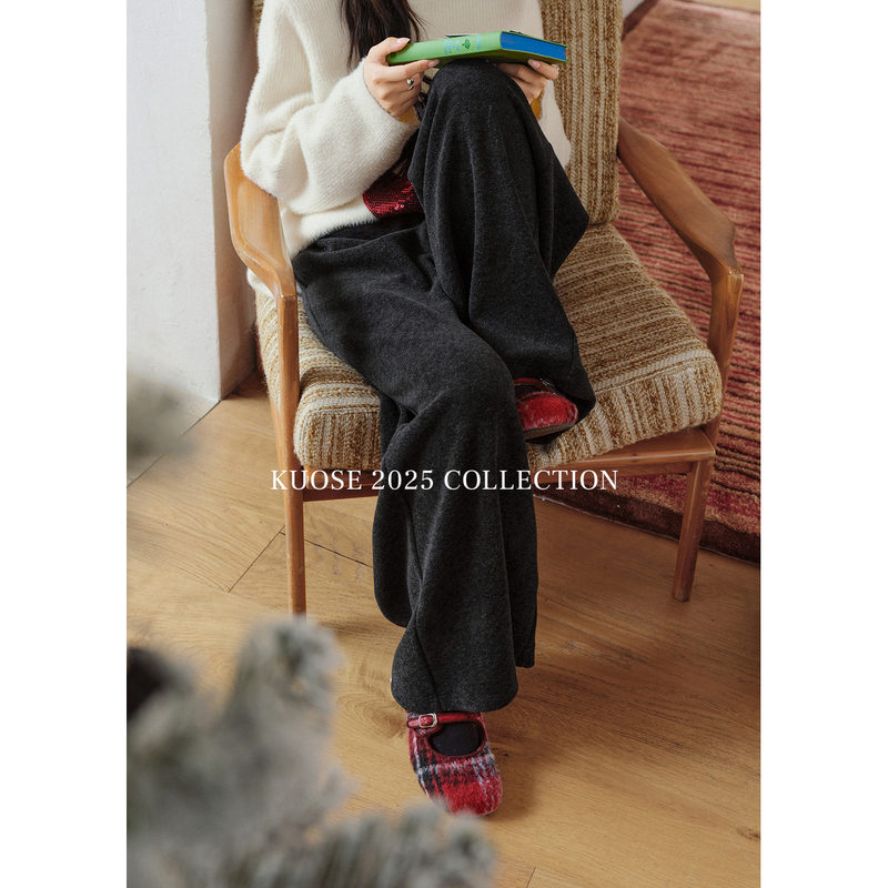 阔色深灰色针织加绒休闲直筒裤女2025秋冬新慵懒阔腿裤KSF2510001